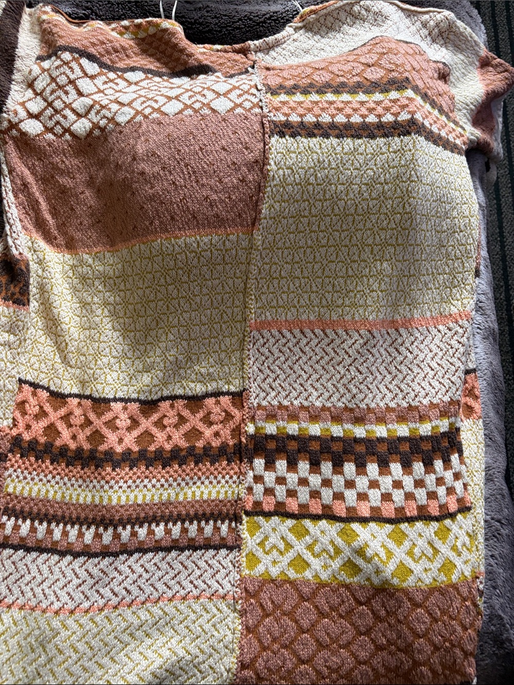 Black Tape_ Multicolor Patchwork Knit Cardigan in Cream, Brown & Yellow - Picture 8 of 11